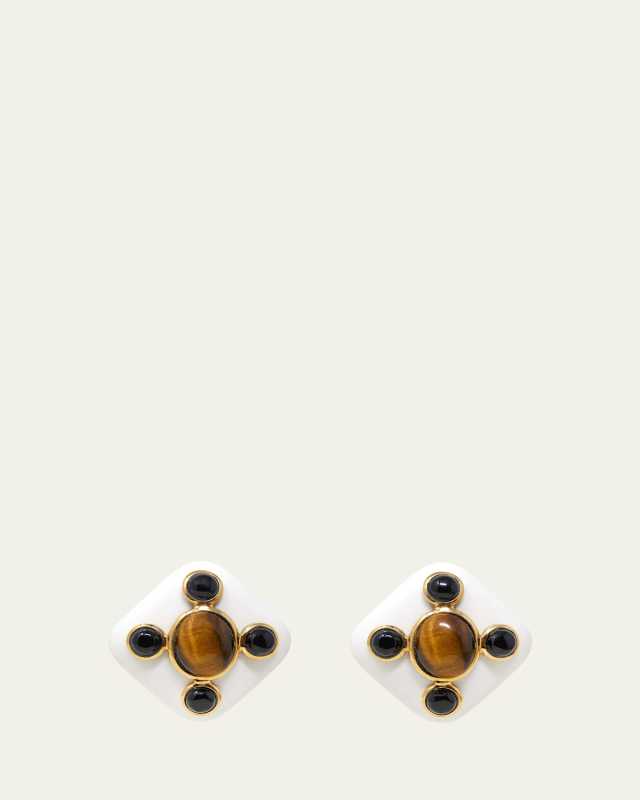 Resin Rhombus Clip-On Earrings With Tigers Eye And Black Onyx